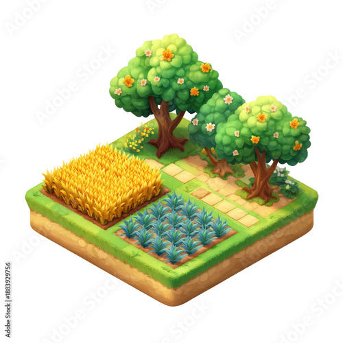 Isometric view of a cartoonish farm scene. Featuring crops, trees, and a dirt path