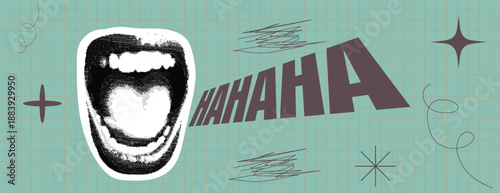 
Retro vintage comic style pop art halftone dotted Shouting and loudly smile smile Mouth, paper cutouts comic Template with copy space, retro style for emotions announcement suitable for
event promo