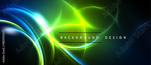Vibrant abstract design features glowing curves, lines. Green, blue hues dominate dark background. Text reads background design.