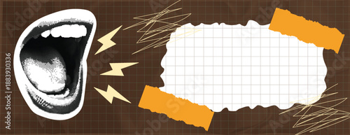 
Retro vintage comic style pop art halftone dotted Shouting Mouth, paper cutouts with Speech Bubble Template, rip-torn grid paper with copy space, doodle style hand-drawn flat notepad for announcement