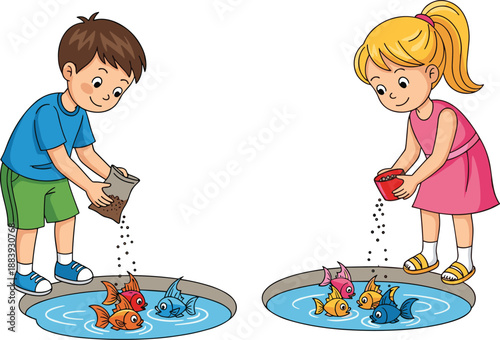 Children feeding fish in cartoon illustration, boy and girl with colorful fish, playful activity, aquatic learning, responsibility, education, nature, fun, care
