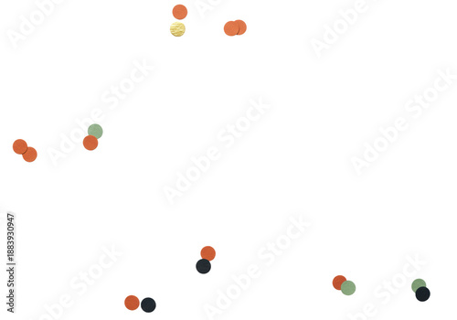 Tiny round matte and foil confetti in dusty gold, sage green, and terracotta scattered sparsely on a seamless transparent background, flat lay with vast copy space, minimalist elegance concept