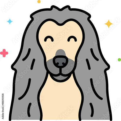 Elegant long haired grey cartoon dog, smiling stylish pet portrait illustration for luxury pet salon branding, boutique logos, storybooks and posters

