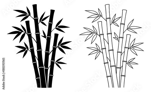 Silhouette and line art bamboo set featuring multiple stalks and leaves for oriental decor and nature illustrations