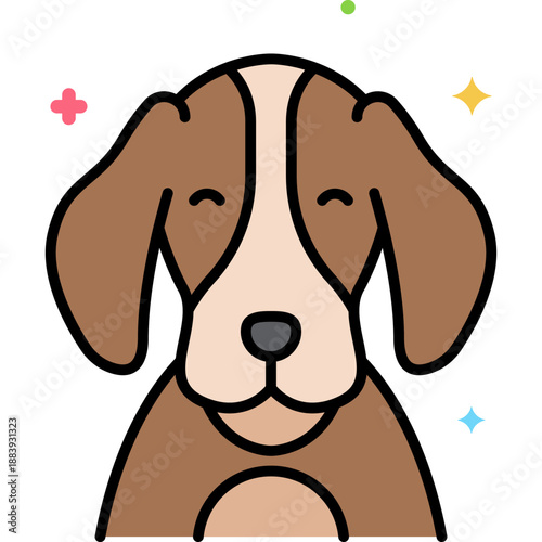 Smiling beagle dog cartoon with floppy ears and sparkles, friendly hound pet illustration icon for kids, stickers, apps, pet shops and playful branding

