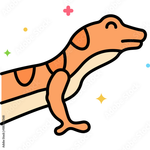 Cute orange gecko lizard cartoon stretching happily with sparkles, adorable reptile pet illustration icon for kids books, stickers, logos and decor

