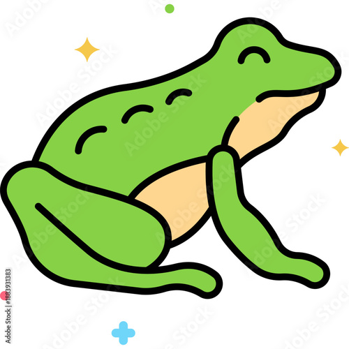 Cute green frog cartoon sitting happily with sparkles, adorable amphibian character illustration for kids books, stickers, classroom posters and nature projects

