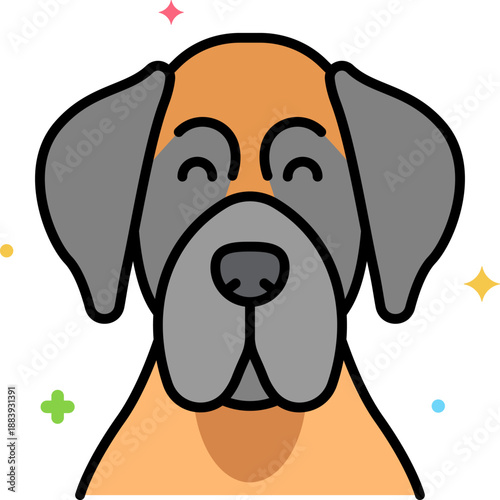 Cute Great Dane dog cartoon portrait, gentle giant with smiling face and sparkles, adorable large breed pet illustration icon for kids, stickers and decor

