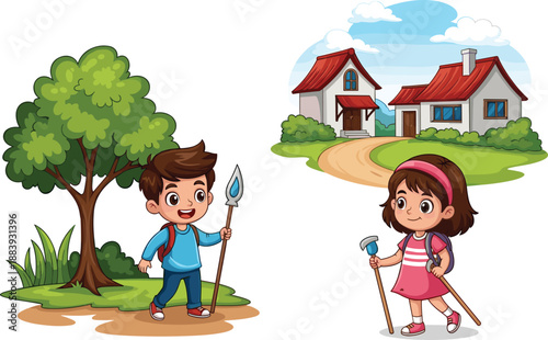 Children hiking in nature, boy and girl with backpacks, walking sticks, grassy field, tree, houses, blue sky, outdoor adventure, fun