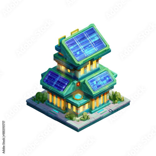Isometric futuristic building with solar panels, teal accents, and glowing windows, on a dark backdrop