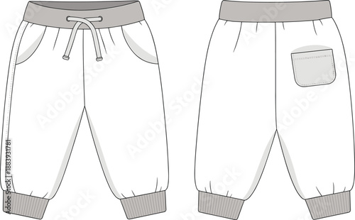 Children jogger pants flat sketch, fashion technical drawing, garment design template, apparel vector illustration, clothing construction detail, elastic waistband drawstring
