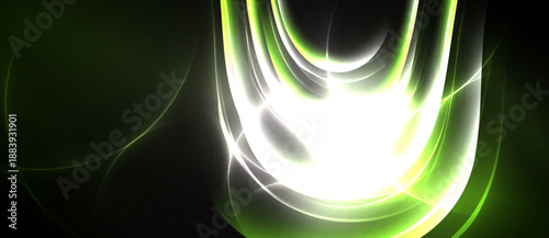 Abstract luminous design. Bright center radiates energy, curves flow, dark background enhances glow. Modern digital art composition.