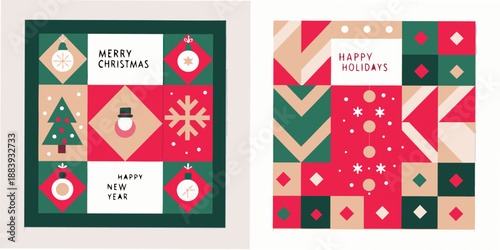 Festive geometric designs featuring christmas trees snowflakes and holiday greetings