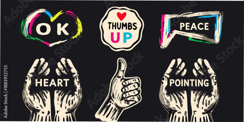 Positive hand gestures and signs ok thumbs up heart and peace symbols