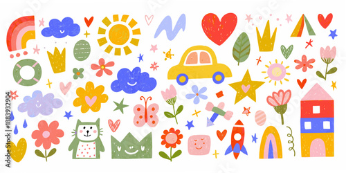 Colorful childlike drawing featuring hearts rainbow flowers and various whimsical elements