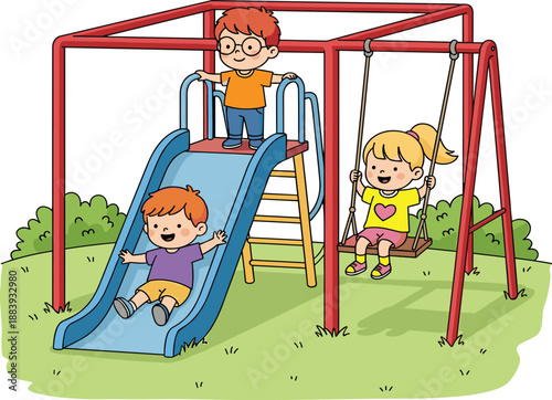 Cute cartoon children playing on playground with slide and swing, colorful vector illustration for kids outdoor activity, park fun, friendship, and joyful childhood concept