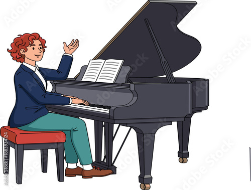 Professional pianist playing grand piano during classical music performance, elegant vector illustration for concert, music education, stage art, and creative performance concept