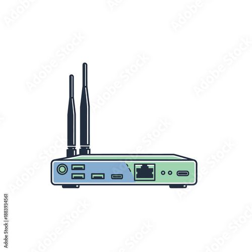 Wireless router with antennas and network ports in a modern digital device setup