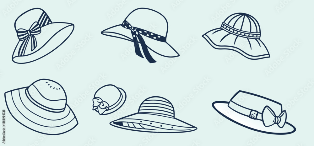Fototapeta premium Collection of stylish sun hats for women with decorative bows and ribbons, women’s summer hats in hand-drawn vector style, perfect for fashion, beach, and holiday-themed projects.