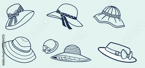 Collection of stylish sun hats for women with decorative bows and ribbons, women’s summer hats in hand-drawn vector style, perfect for fashion, beach, and holiday-themed projects.