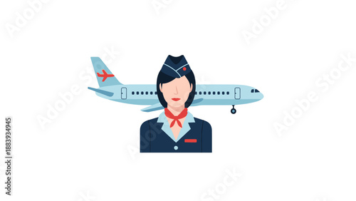 Flight attendant and airplane illustration for travel and aviation.