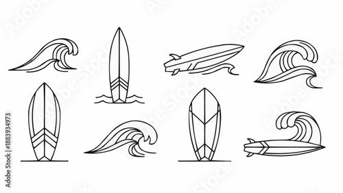 Surfboard and Wave Line Art Collection.