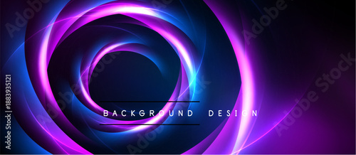 Abstract neon swirls create dynamic visual effect. Bright purple, blue hues dominate dark background. Text reads background design.