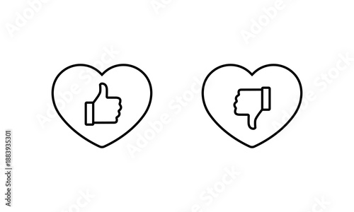 Good and bad heart outline icon. Love with thumbs up and down symbol