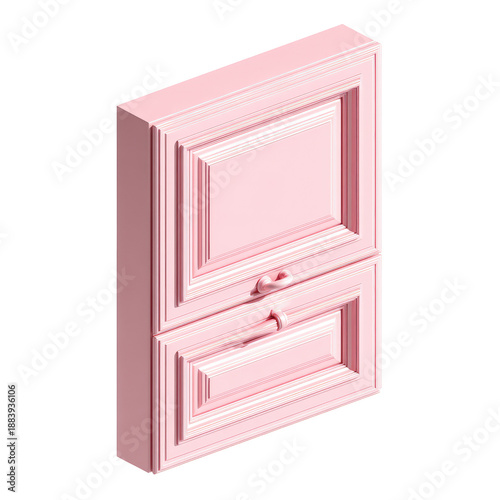 Isometric view of a pink, traditional-style cabinet with two doors and recessed paneling