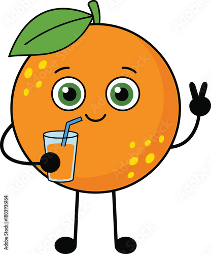 Cute orange fruit mascot holding fresh juice glass friendly cartoon character illustration for healthy lifestyle nutrition branding