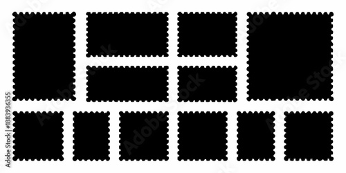 Arrangement of black postage stamps in a grid like organized pattern