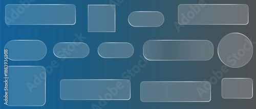 Liquid glass vector buttons and round circle in different shapes. Liquid glass collection of transparent, rounded buttons and shapes, showcasing a modern aesthetic for UI designs