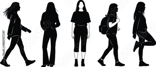 Young woman silhouette poses collection showing walking, standing, and casual movement, representing modern lifestyle, youth culture, confidence, and everyday urban life