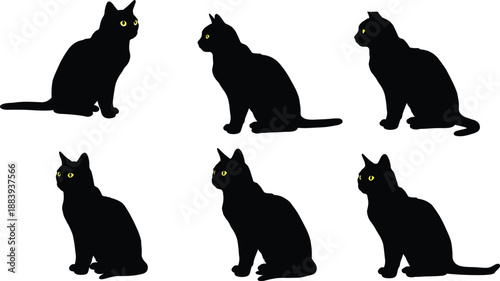 Black cat silhouette collection, sitting cats illustration, yellow eyes, Halloween theme, spooky feline vector, animal design, cute pet artwork