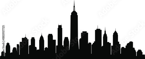 Modern city skyline silhouette with skyscrapers and iconic towers, minimalist urban panorama in black and white for architecture, travel, and business design use