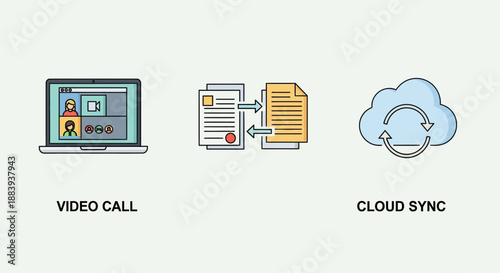 Modern remote work solutions featuring video calls and cloud synchronization for seamless document sharing and collaboration online.