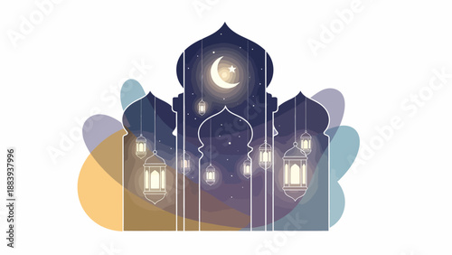 Islamic Mosque Illustration with Crescent Moon.
