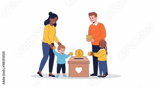 Family Donating Coins to Charity Box Together.