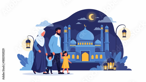 Family Standing Outside Mosque at Night.