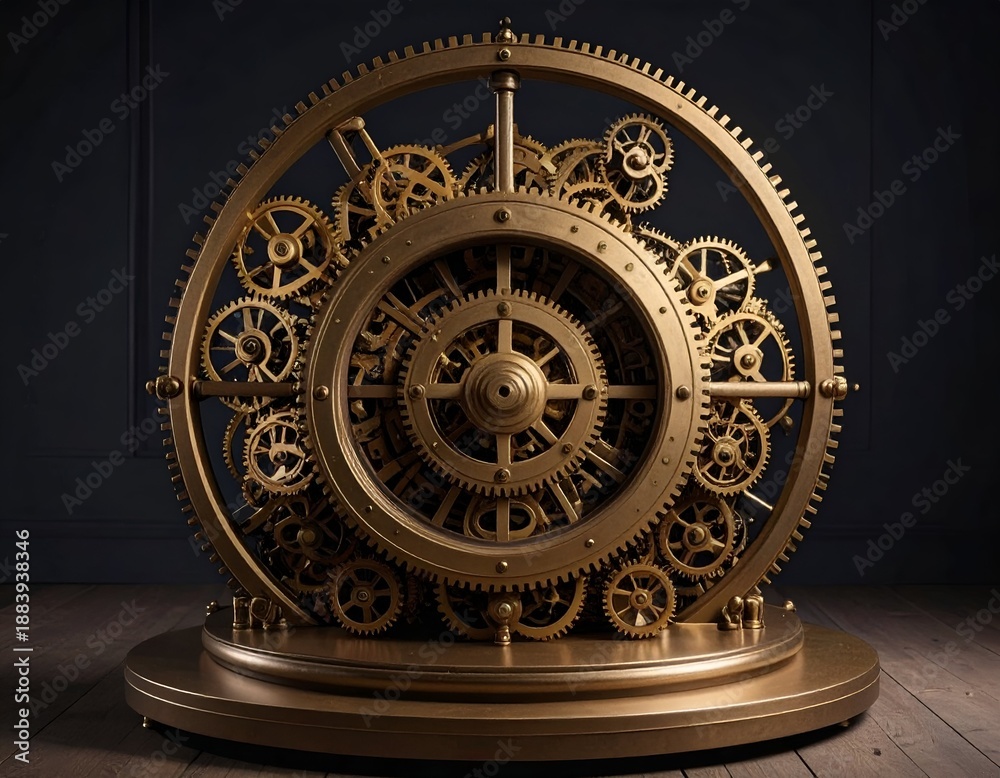 Obraz premium Golden steampunk clock mechanism, complex gear arrangement, dark backdrop