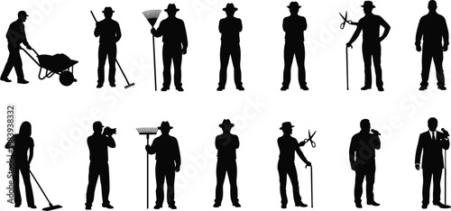 Professional worker silhouette collection isolated on white background, people with tools set representing jobs, services, labor and occupations