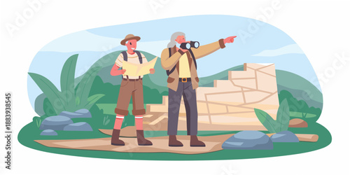 Two explorers with map and binoculars discovering ancient ruins in a lush landscape