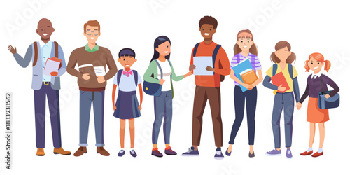 Diverse group of students standing together holding books and bags