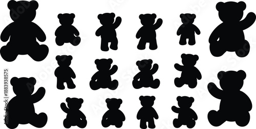 Teddy bear silhouette collection isolated on white background, cute toy animal poses set for children, nursery and design use
