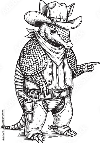 Detailed Line Art Illustration of an Armadillo in a Complete Cowboy Outfit