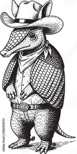 Hand Drawn Armadillo Character Dressed as a Cowboy in Upright Pose, Featuring a Classic Western Hat Vector Illustration