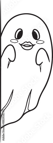 Minimalist Black Line Art Illustration of a Shy and Cute Ghost Character Peeking from the Side, Whimsical Halloween Design