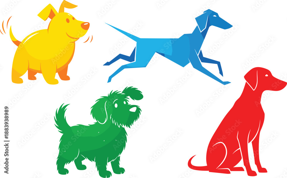 Obraz premium Vibrant colorful dog illustrations in playful cartoon style featuring various breeds, energetic poses, and bold graphic design elements for creative projects