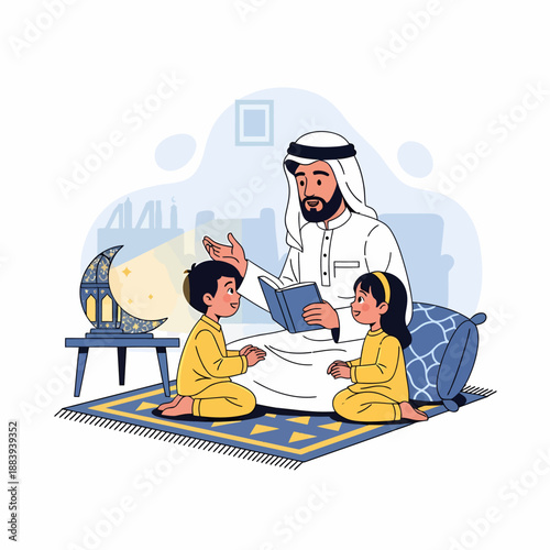 Father Reading Story to Children.