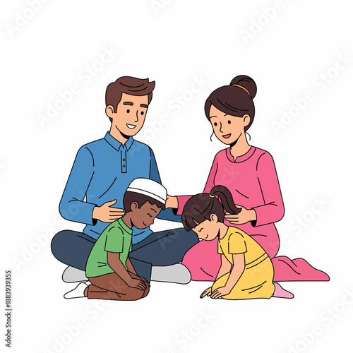 Family Praying Together with Children Kneeling.